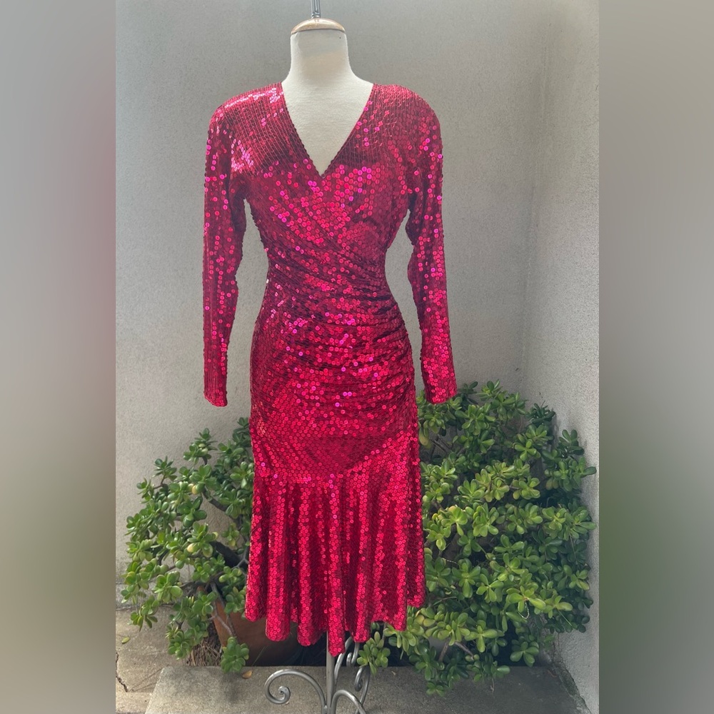 Vintage 80s sequins dress ruched waist raspberry pink Sz 10 M Bullocks Wilshire
